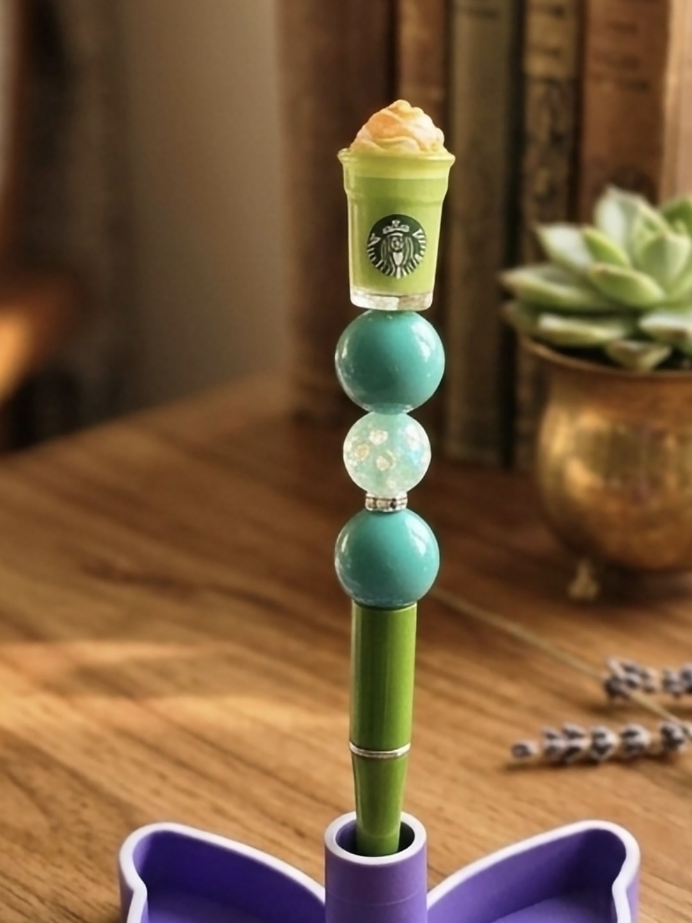 Decorative Mini Starbucks Glass In Green Bead Pen with Teal Accents